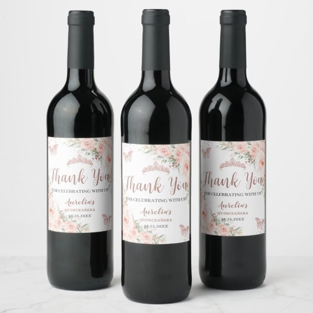 Quinceañera Blush Floral Rose Gold Butterflies Wine Label (Bottles)