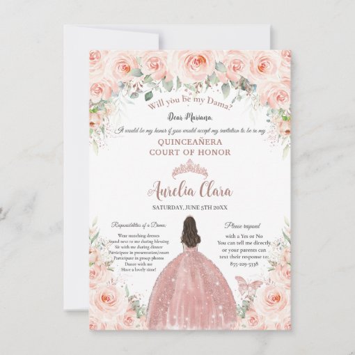 Quinceañera Blush Floral Rose Gold Dama Proposal Invitation | Zazzle