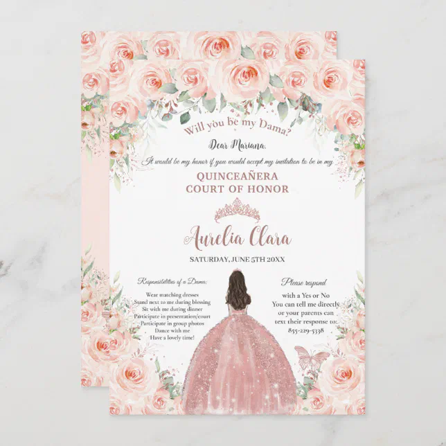 Quinceañera Blush Floral Rose Gold Dama Proposal Invitation | Zazzle