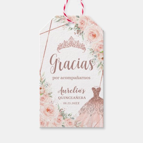 Quinceaera Blush Floral Rose Gold Dress Birthday Gift Tags