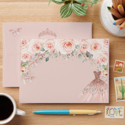 Quinceaera Blush Floral Rose Gold Dress Envelope