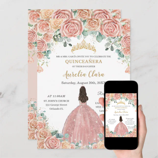 Quinceañera Blush Floral Rose Gold Dress Princess Invitation | Zazzle