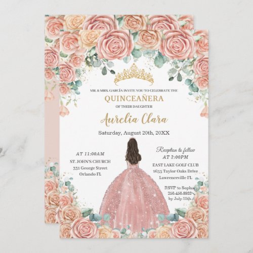 Quinceaera Blush Floral Rose Gold Dress Princess Invitation