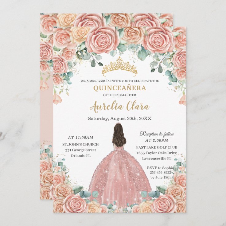 Quinceañera Blush Floral Rose Gold Dress Princess Invitation | Zazzle