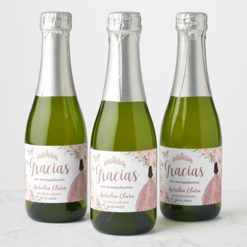 Quinceaera Blush Floral Rose Gold Dress Princess Sparkling Wine Label