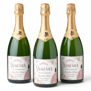 Quinceañera Blush Floral Rose Gold Dress Princess Sparkling Wine Label