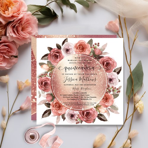 Quinceanera Blush Floral Rose Gold Glitter Invitation