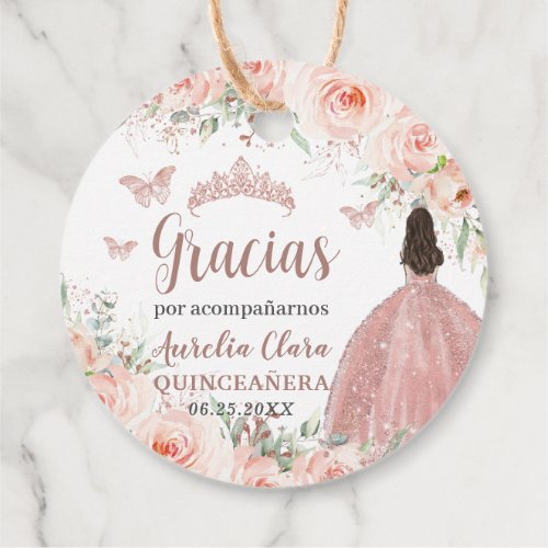 Quinceanera Blush Floral Rose Gold Princess Dress Favor Tags