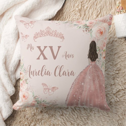 Quinceaera Blush Floral Rose Gold Princess Dress Throw Pillow