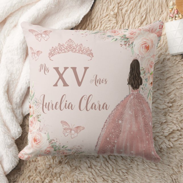 Quinceañera Blush Floral Rose Gold Princess Dress Throw Pillow (Blanket)