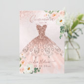 Quinceañera, Blush Floral Sparkle Gown Rose Gold Invitation (Standing Front)