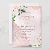 Quinceañera, Blush Floral Sparkle Gown Rose Gold Invitation (Back)