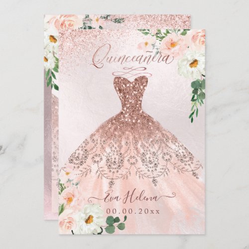 Quinceaera Blush Floral Sparkle Gown Rose Gold Invitation