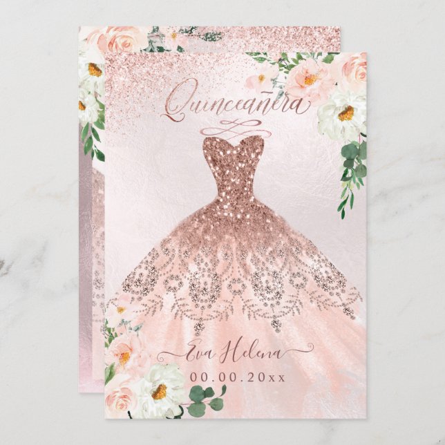 Quinceañera, Blush Floral Sparkle Gown Rose Gold Invitation (Front/Back)