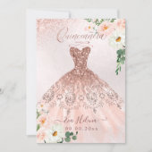 Quinceañera, Blush Floral Sparkle Gown Rose Gold Invitation (Front)