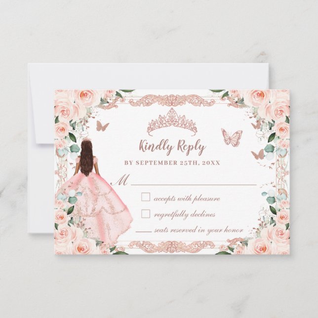 Quinceañera Blush Floral Vintage Rose Gold Dress RSVP Card (Front)