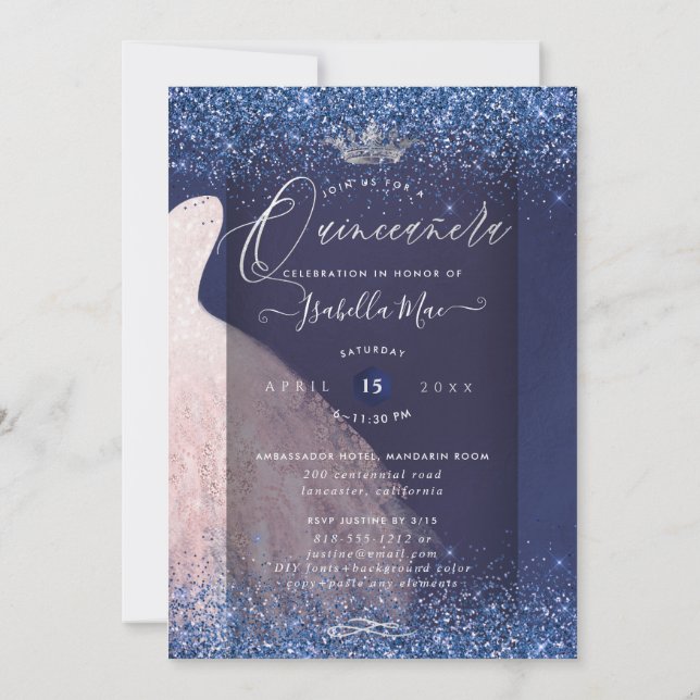 Quinceanera Blush Glitter Gown + Navy Blue Invitation (Back)
