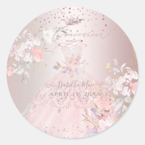 Quinceanera Blush Glitter Gown Sweet Peas Classic Round Sticker