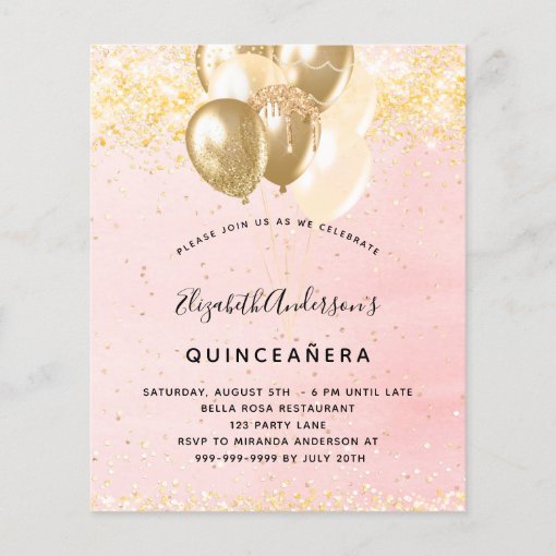 Quinceanera Blush Gold Glitter Balloon Invitation Zazzle