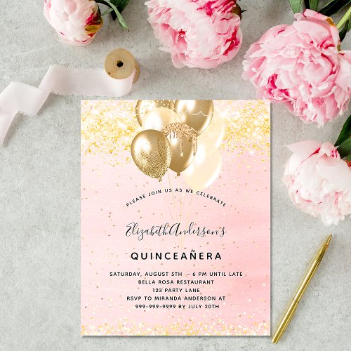 Quinceanera blush gold glitter balloon invitation