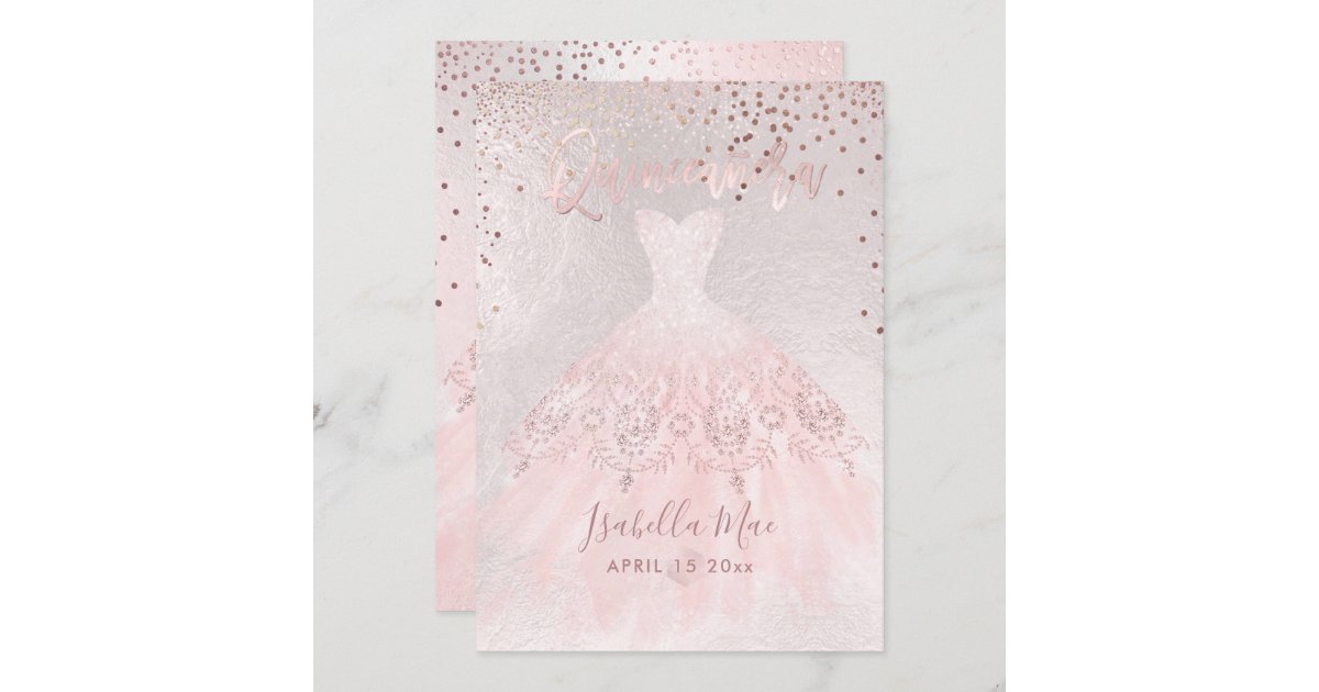 Quinceanera Blush Gown+Confetti Iridescent Bckgrnd Invitation | Zazzle