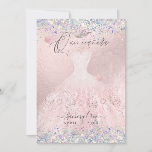 Quinceanera Blush Gown Holographic Glitter  Invita Invitation