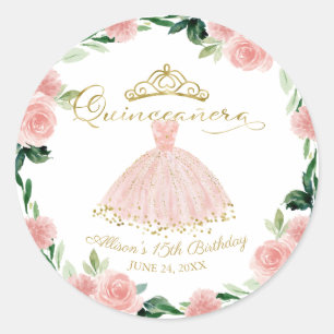 Quinceanera Blush Gown Pink Floral Classic Round S Classic Round Sticker