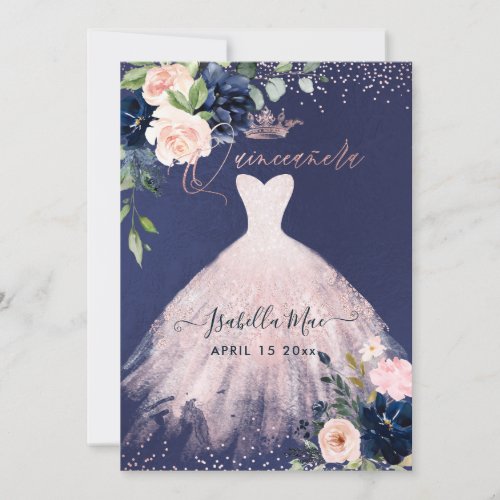 Quinceanera Blush Navy Blue Watercolor Flowers Inv Invitation