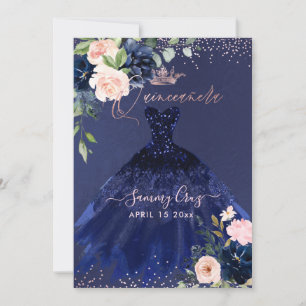 Quinceanera Blush Navy Blue Watercolor Flowers Inv Invitation