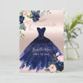 Quinceanera Blush Navy Blue Watercolor Flowers Invitation (Standing Front)