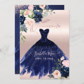 Quinceanera Blush Navy Blue Watercolor Flowers Invitation (Front/Back)