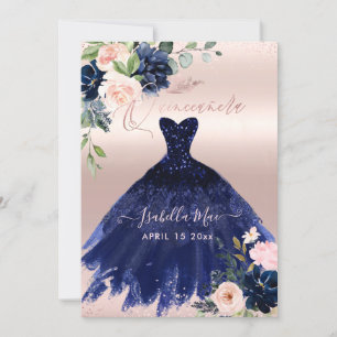 Quinceanera Blush Navy Blue Watercolor Flowers Invitation