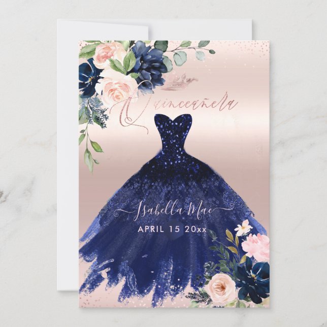 Quinceanera Blush Navy Blue Watercolor Flowers Invitation (Front)