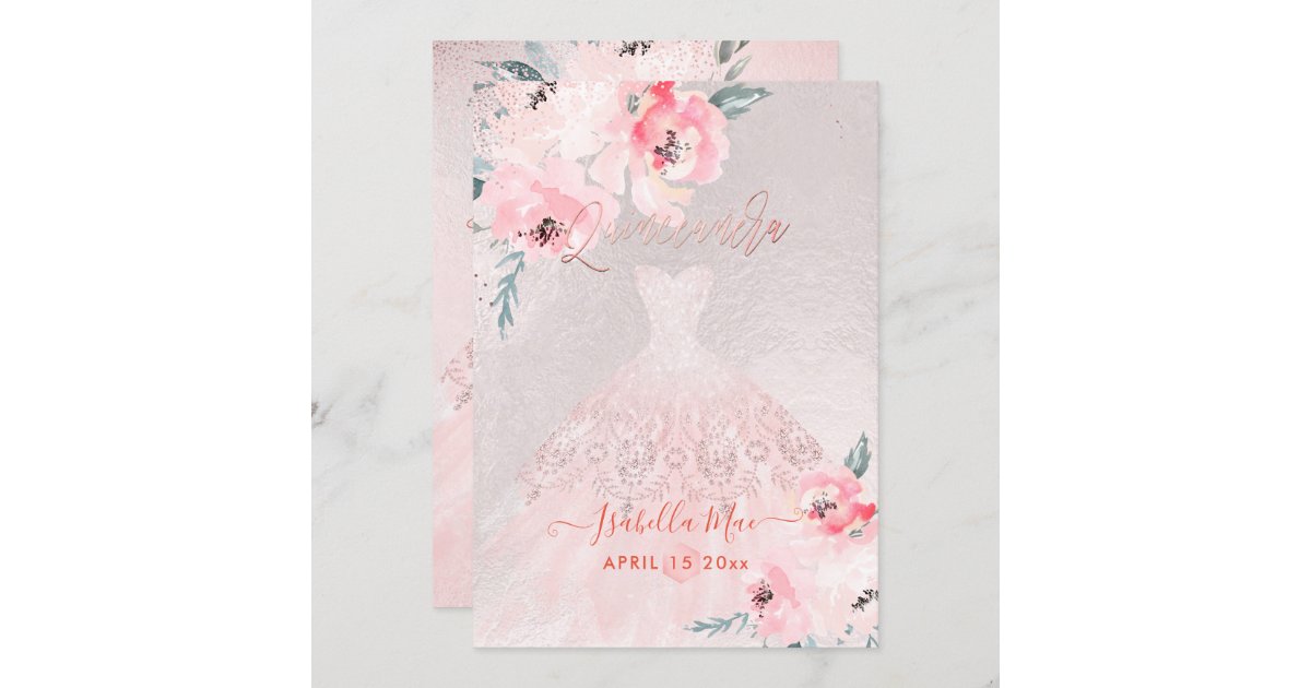 Quinceanera Blush Peonies+Gown Iridescent Bckgrnd Invitation | Zazzle