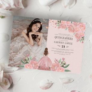 Quinceañera Blush Ping Gold Floral Princess Photo Invitation