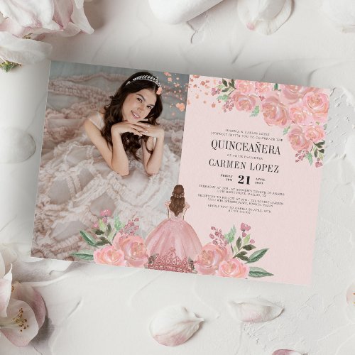 Quinceaera Blush Ping Gold Floral Princess Photo Invitation