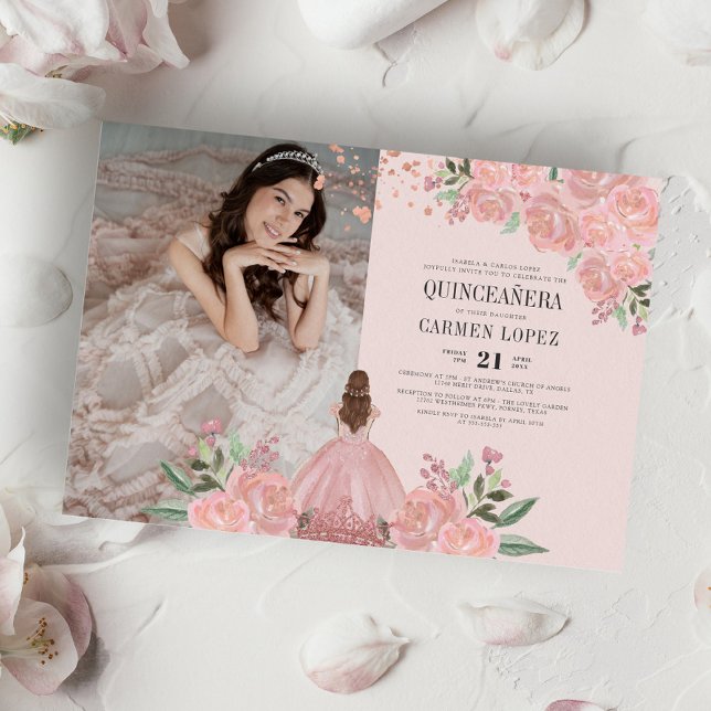 Quinceañera Blush Ping Gold Floral Princess Photo Invitation (Creator Uploaded)