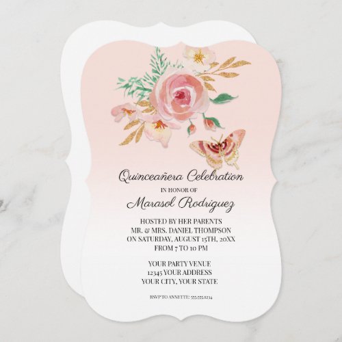 Quinceaera Blush Pink Butterfly w Flowers n Gold Invitation