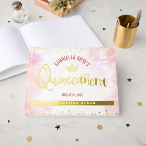 Quinceaera Blush Pink Crown Script Real Gold Foil Foil Guest Book