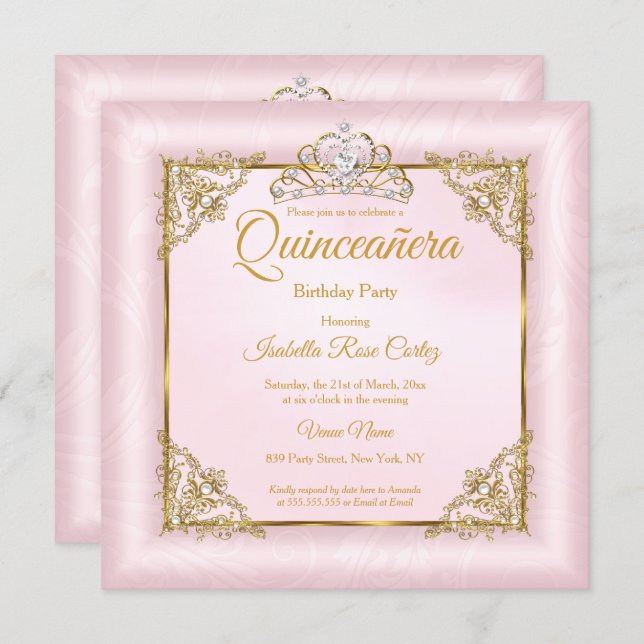 Quinceanera Blush Pink Damask photo Gold Tiara 2 Invitation (Front/Back)