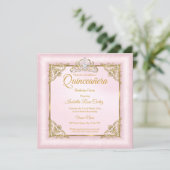 Quinceanera Blush Pink Damask photo Gold Tiara 2 Invitation (Standing Front)