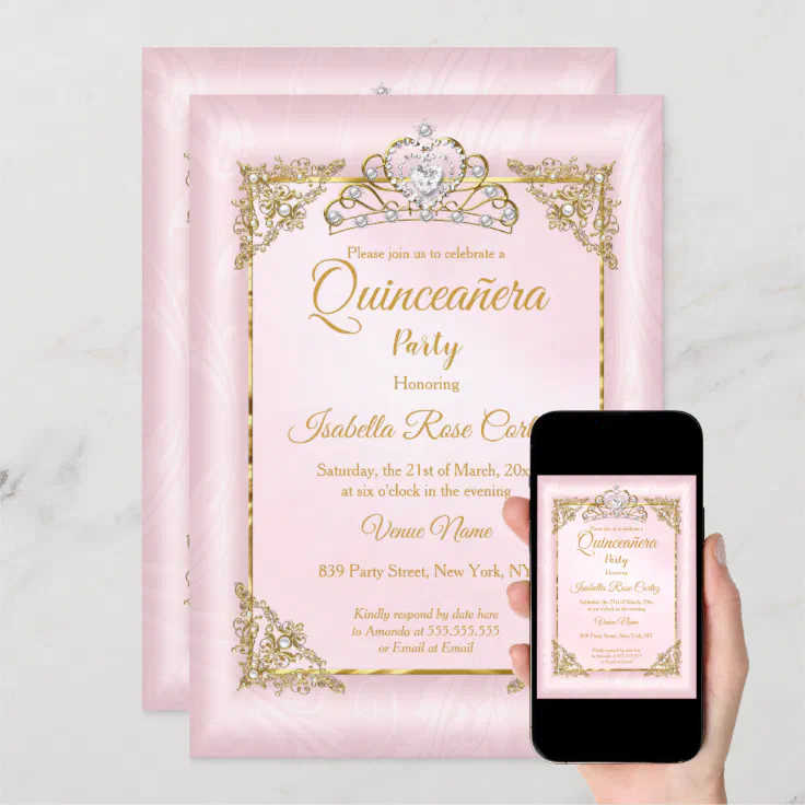 Quinceanera Blush Pink Damask Photo Gold Tiara Invitation Zazzle