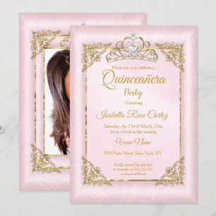 Quinceanera Blush Pink Damask photo Gold Tiara Invitation