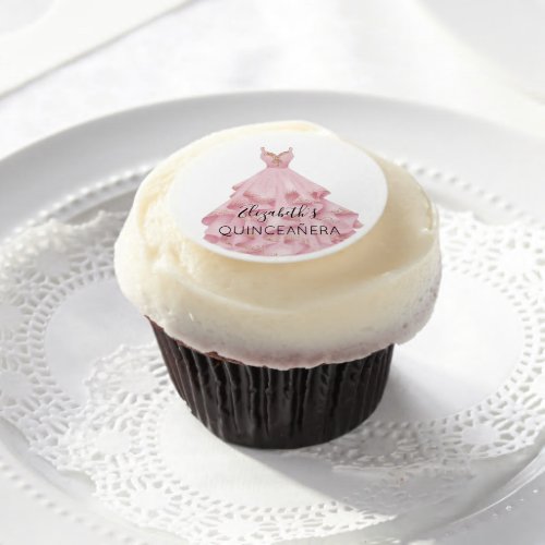 Quinceanera blush pink dress name party edible frosting rounds