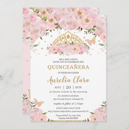 Quinceaera Blush Pink Floral Butterflies Tiara Invitation