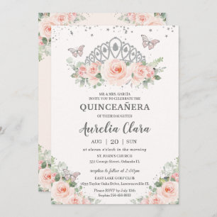 Quinceañera Blush Pink Floral Crown Butterflies Invitation
