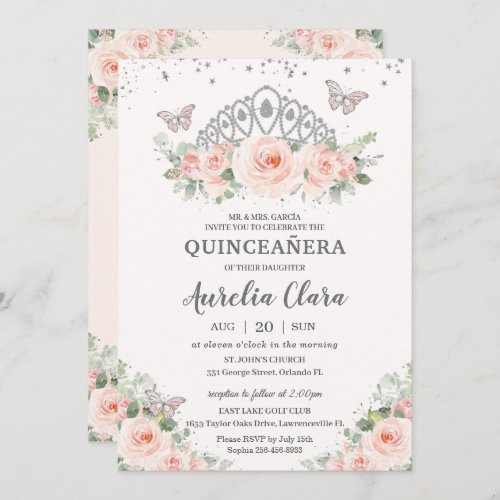 Quinceaera Blush Pink Floral Crown Butterflies Invitation