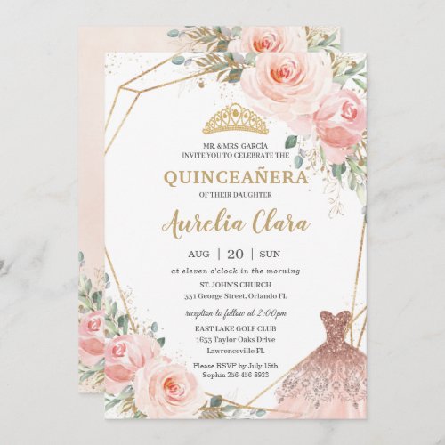 Quinceaera Blush Pink Floral Dress Birthday  Invi Invitation