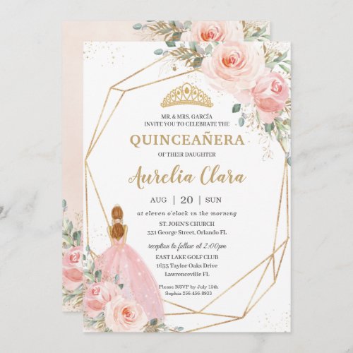 Quinceaera Blush Pink Floral Geometric Birthday  Invitation