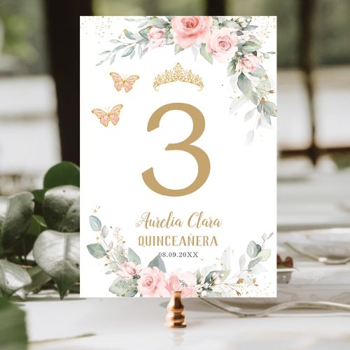 Quinceaera Blush Pink Floral Gold Butterflies  Table Number